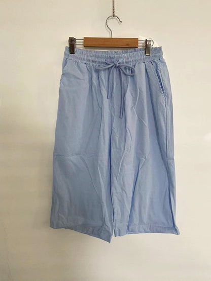Pantalon femme en coton et lin, élastiqué, avec poches — pantalon cinq-quarts pour femme.