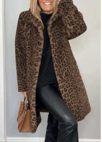 Manteau mi-long en peluche à imprimé léopard pour l’automne et l’hiver