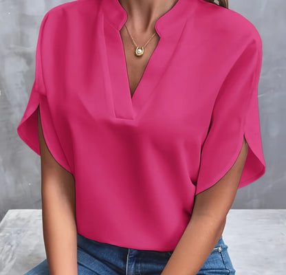 Chemise d’été en chiffon à manches courtes, nouveau modèle à col en V, tenue décontractée et polyvalente pour femme.
