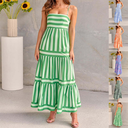 Robe longue d’été à bretelles, imprimée à rayures, avec poches, col carré, dos nu — tenue tendance pour femmes, idéale pour les vacances à la plage