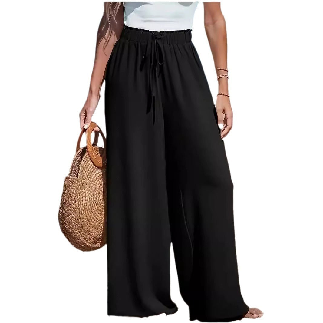 Pantalon large décontracté pour femme, style ample, avec faux cordon décoratif.