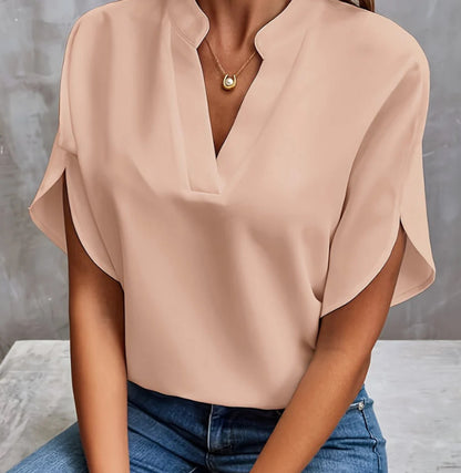 Chemise d’été en chiffon à manches courtes, nouveau modèle à col en V, tenue décontractée et polyvalente pour femme.