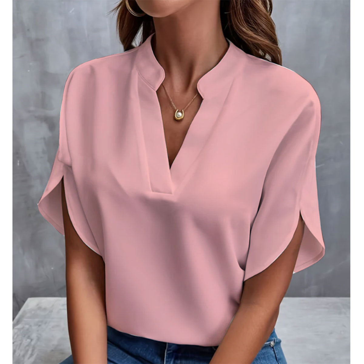 Chemise d’été en chiffon à manches courtes, nouveau modèle à col en V, tenue décontractée et polyvalente pour femme.