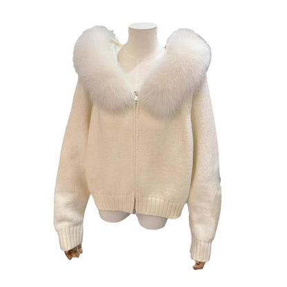 Cardigan haut de gamme pour femme à capuche, tricoté avec col en fourrure.