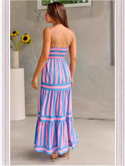 Robe longue d’été à bretelles, imprimée à rayures, avec poches, col carré, dos nu — tenue tendance pour femmes, idéale pour les vacances à la plage